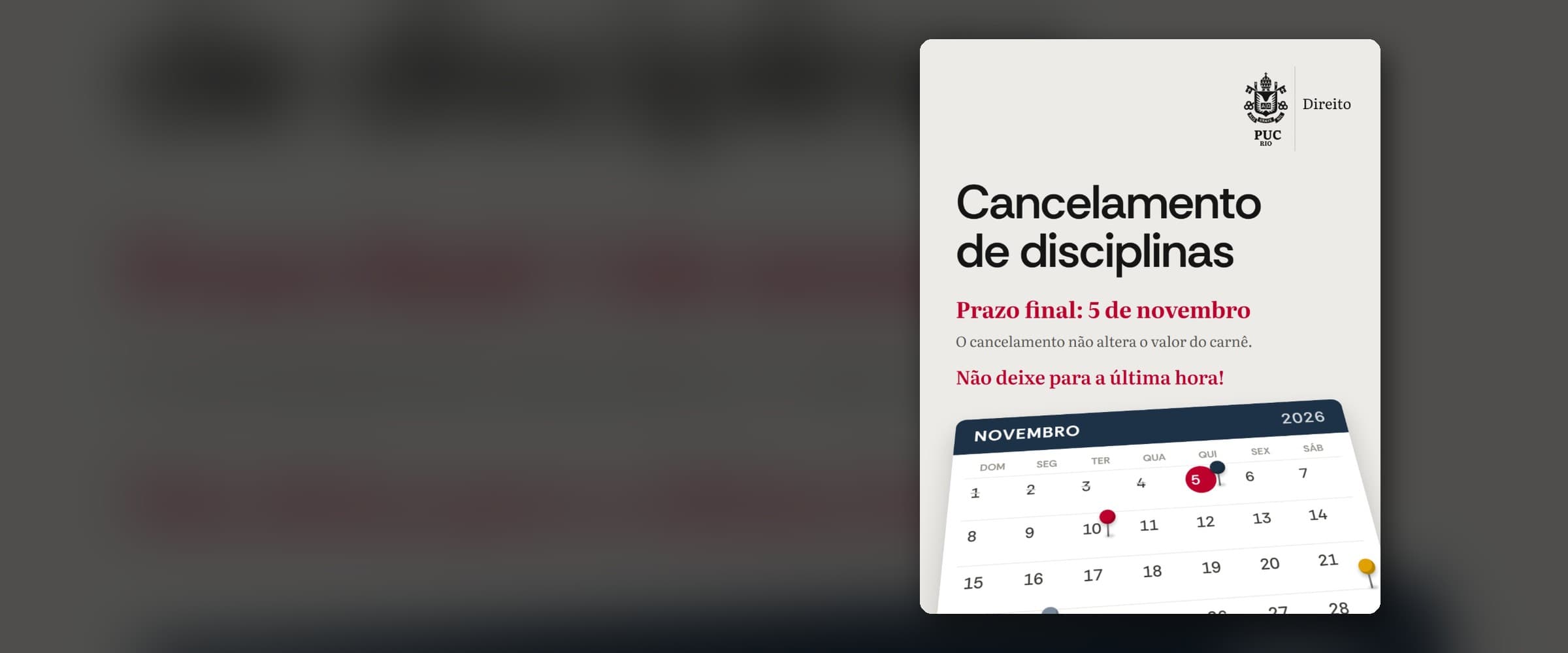 Aviso de cancelamento de disciplinas: prazo final em 5 de novembro de 2026